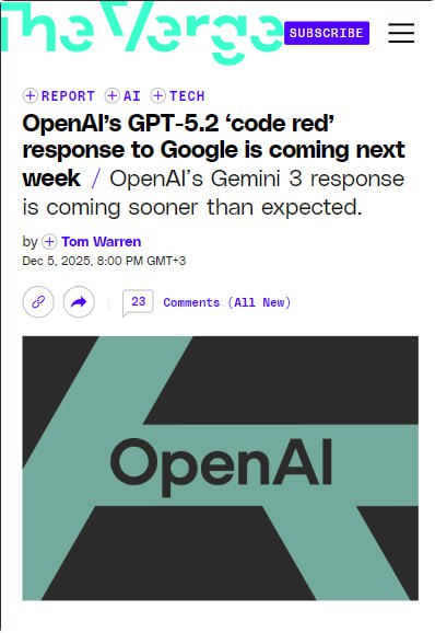 ChatGPT 5.2 "Code Red" выйдет 9 декабря: OpenAI ускоряет запуск из-за конкуренции