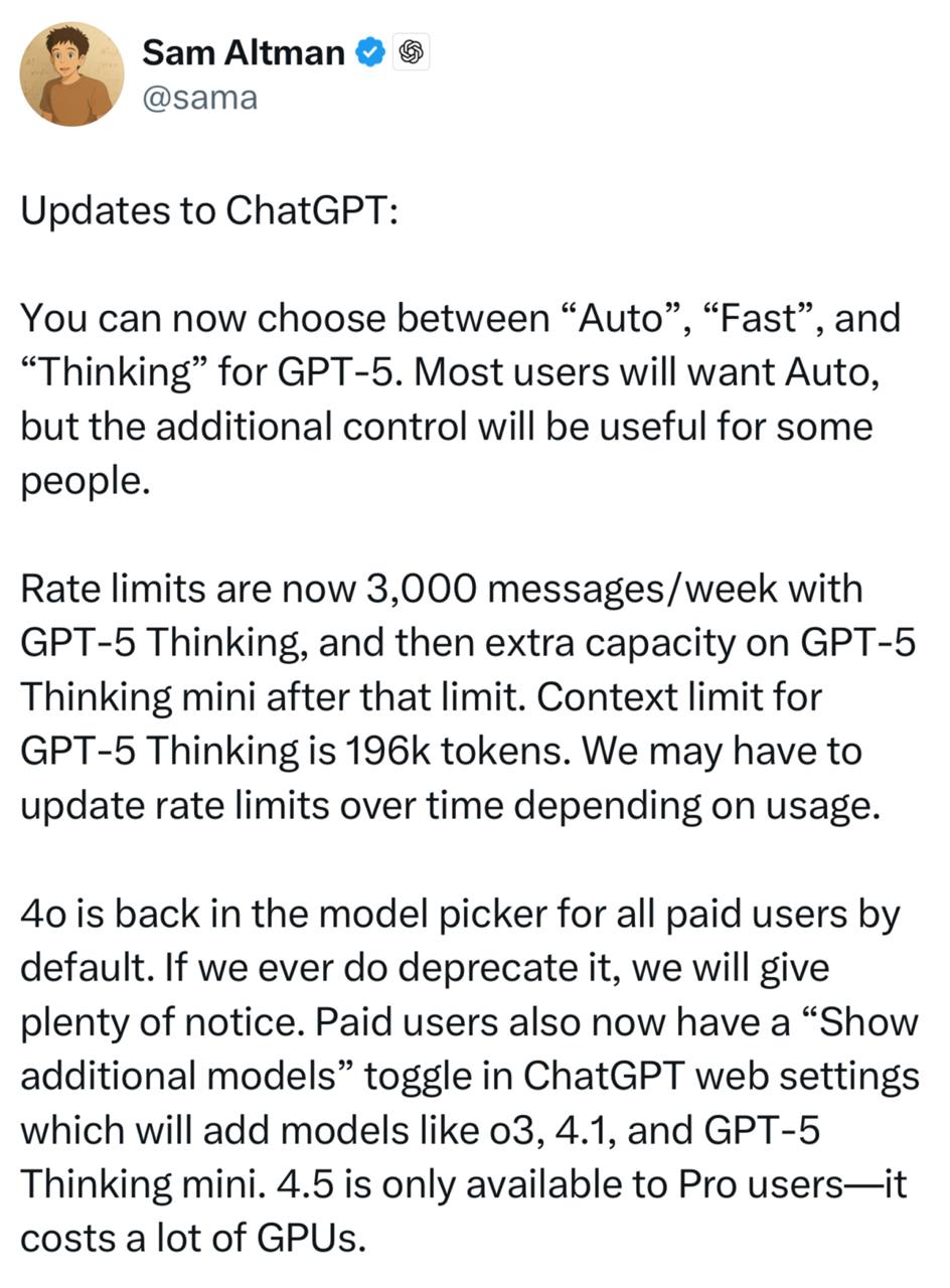 Сэм Альтман поделился апдейтами для GPT-5: режимы работы и возврат старых моделей